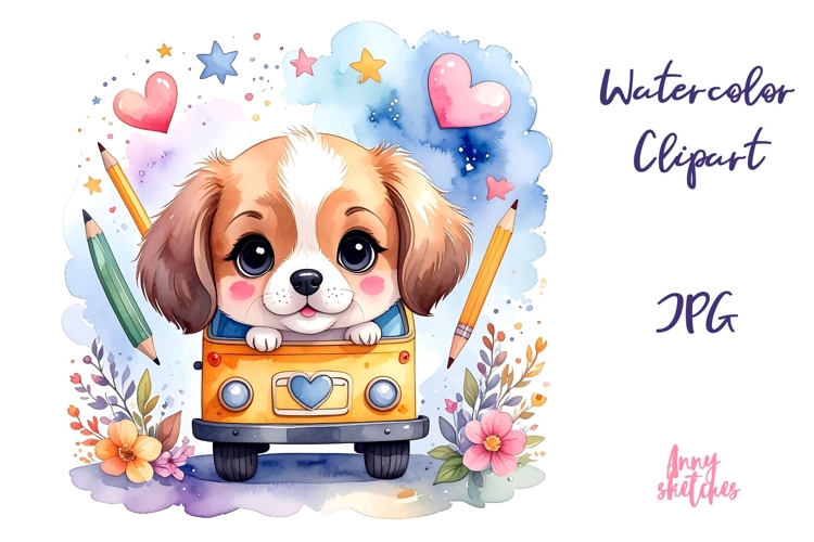 Kawaii Dog on School Bus Back to School Clipart JPG