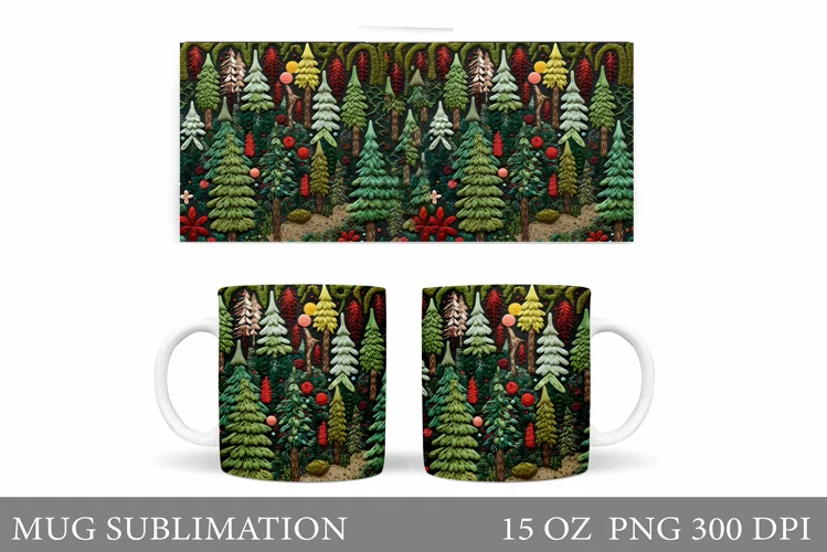 Christmas Tree Mug Wrap Design. Forest Mug Sublimation