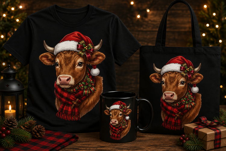 Cute Highland Cow Santa Hat PNG Christmas Cow Holiday Clipar