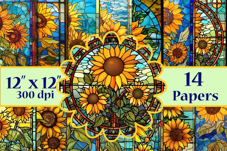 Sunflowers Digital Papers,stained glass digital papers example image 1