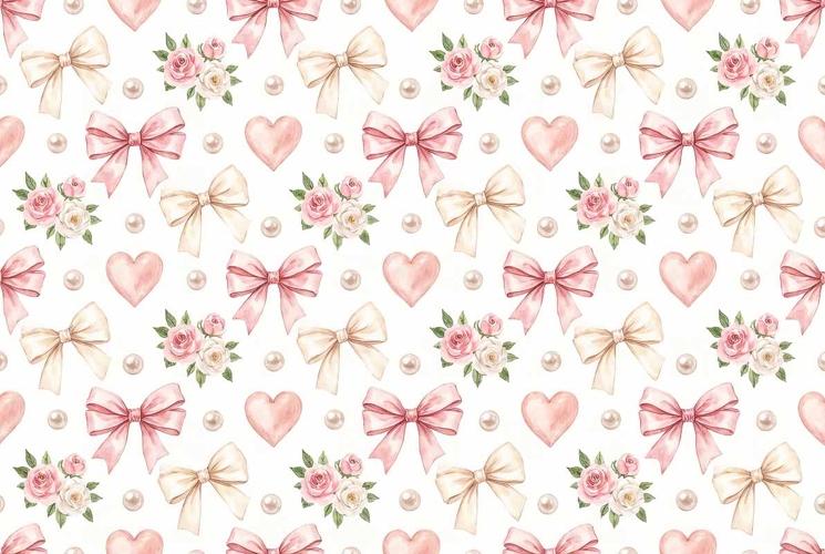 Pattern Pink Hearts and Bow Flowers