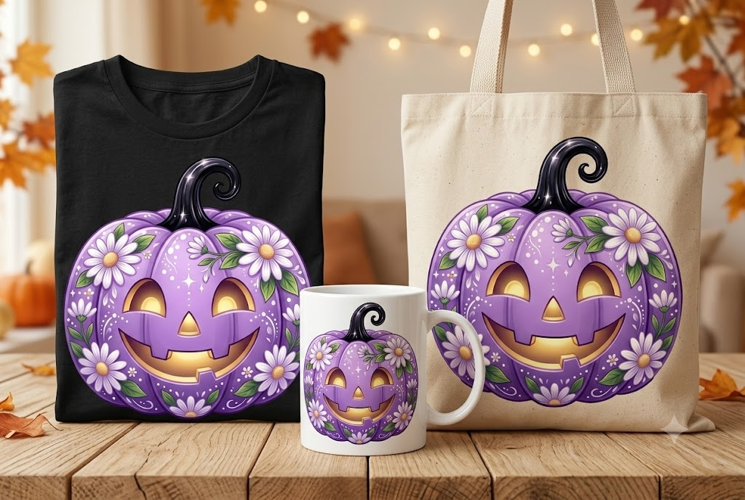 Purple Floral Pumpkin PNG | Cute Halloween Daisy Clipart