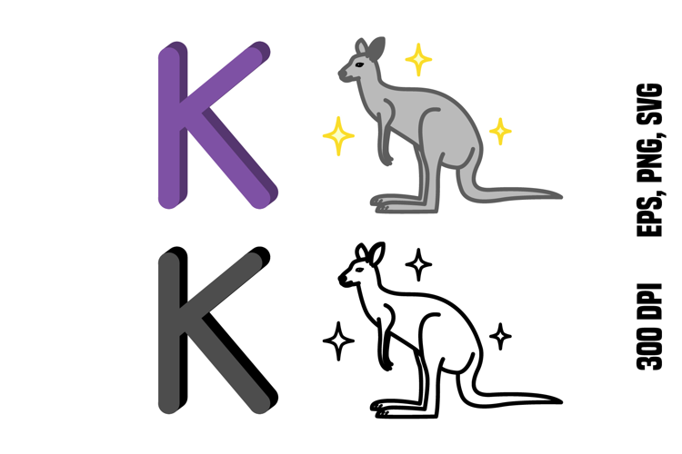 Letter K and Kangaroo. Color and Line Vector
