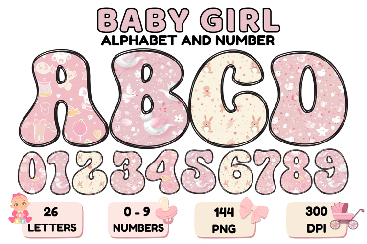 Baby Girl Alphabet PNG Cute Baby Letters & Numbers 300 DPI