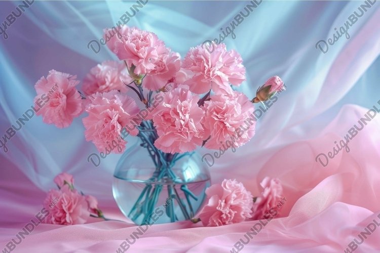 Elegant pink carnations in vase on draped silk