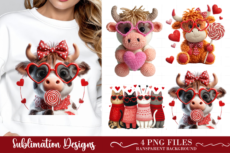 Faux Yarn Valentines Highland Cow PNG