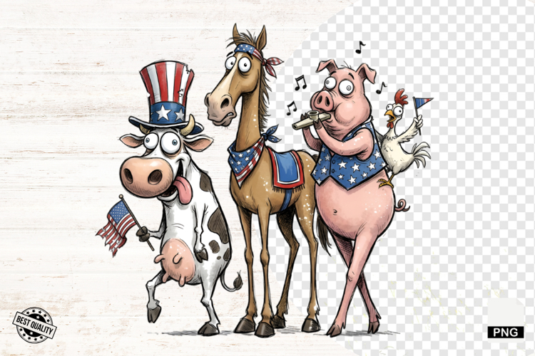 Whimsical Patriotic Farm Animals - Funny Animals Clipart