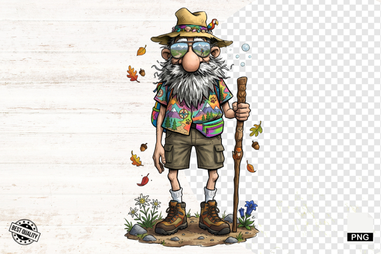 Whimsical Hiking Summer Grandpa PNG - Hiking Clipart