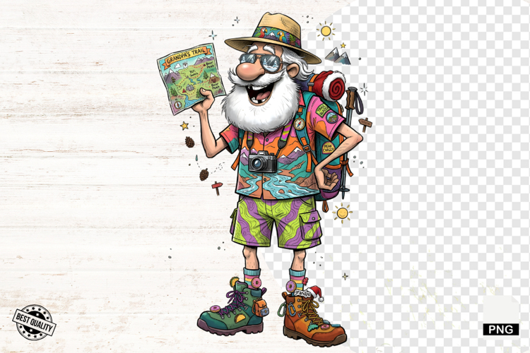 Whimsical Hiking Summer Grandpa PNG - Hiking Clipart