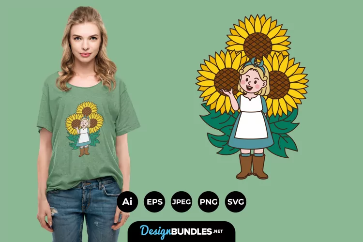 Big Sunflowers and a Girl for T-Shirt Design