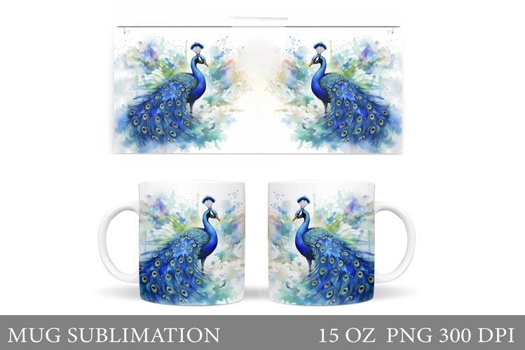 Peacock Mug Sublimation. Peacock Watercolor Mug Design example image 1