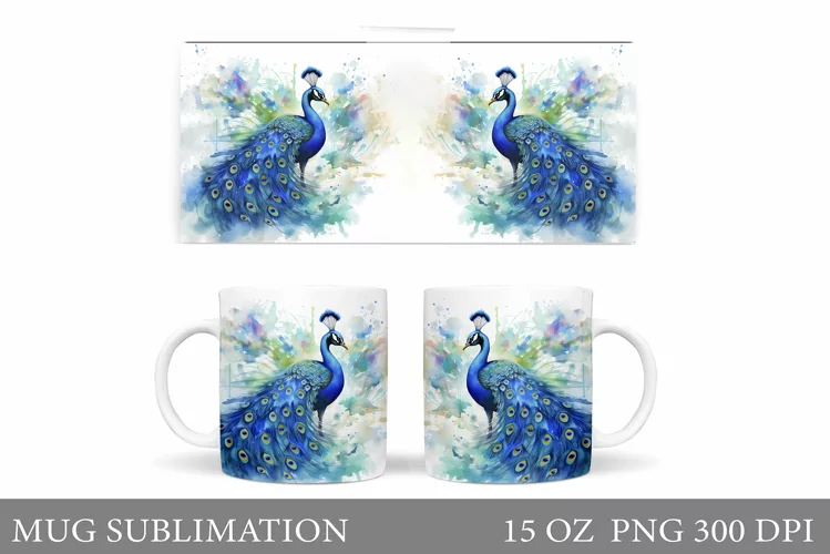 Peacock Mug Sublimation. Peacock Watercolor Mug Design