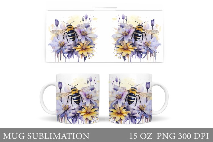 Bee Watercolor Mug Wrap. Bee Flowers Mug Wrap Design
