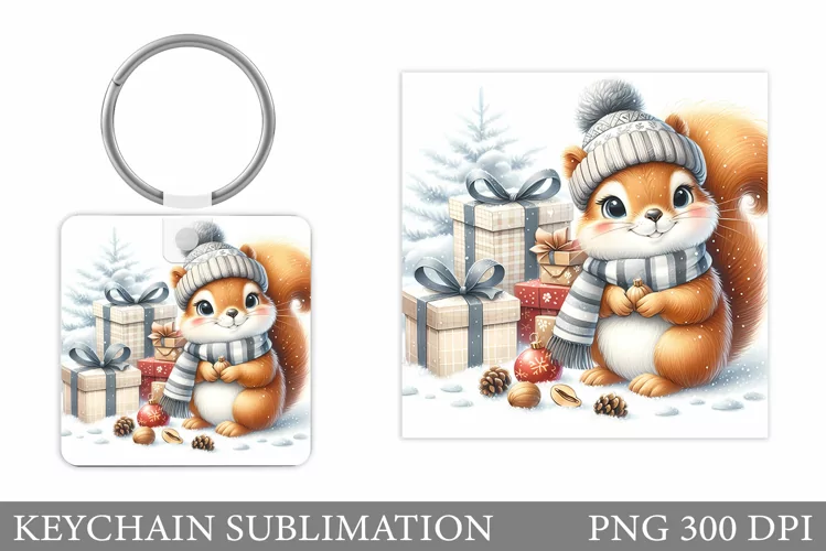Cute Squirrel Keychain. Christmas Keychain Sublimation