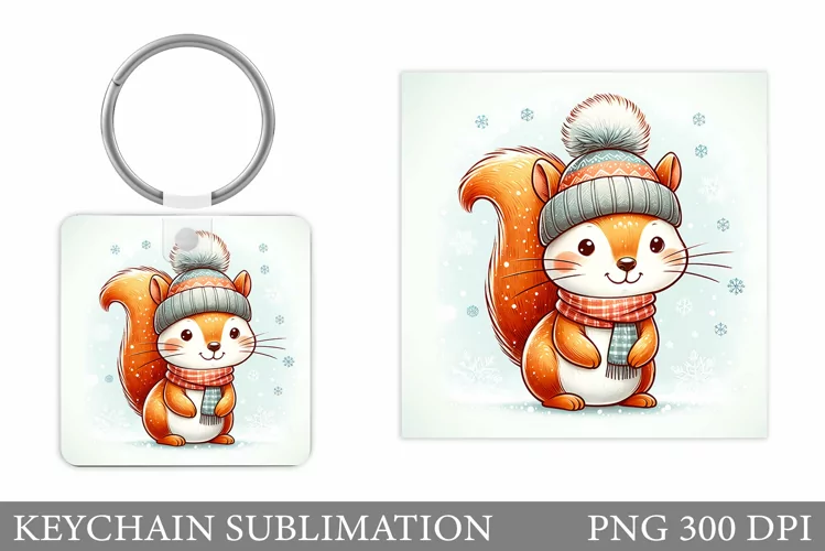 Cute Squirrel Keychain. Christmas Keychain Sublimation