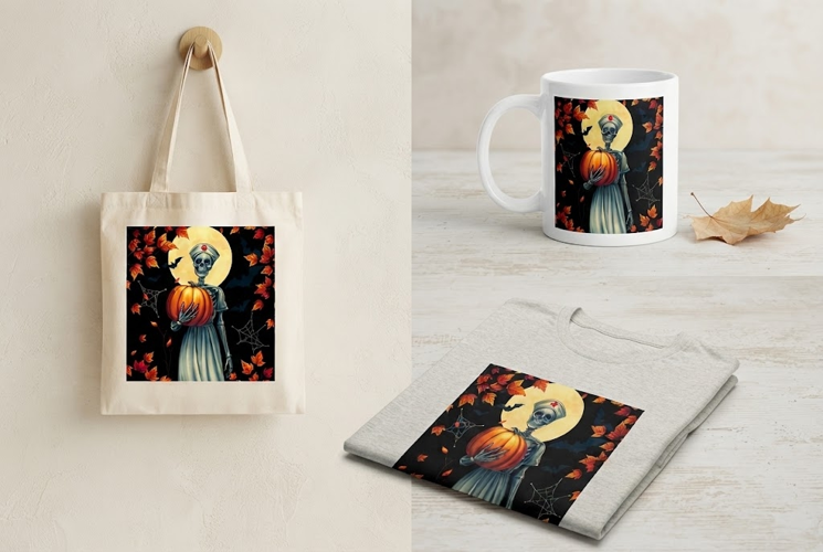 Skeleton Nurse Halloween PNG with Pumpkin & Bats | Gothic