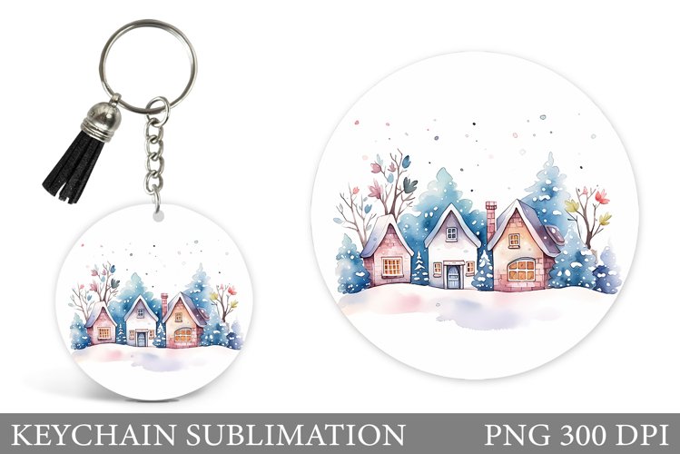 Winter Round Keychain. Winter Houses Keychain Design