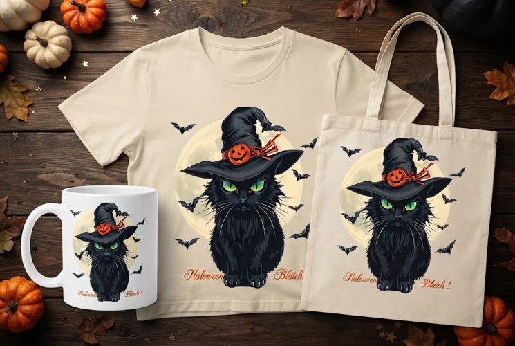 Halloween Black Cat Witch PNG | Spooky Moon & Bat Clipart