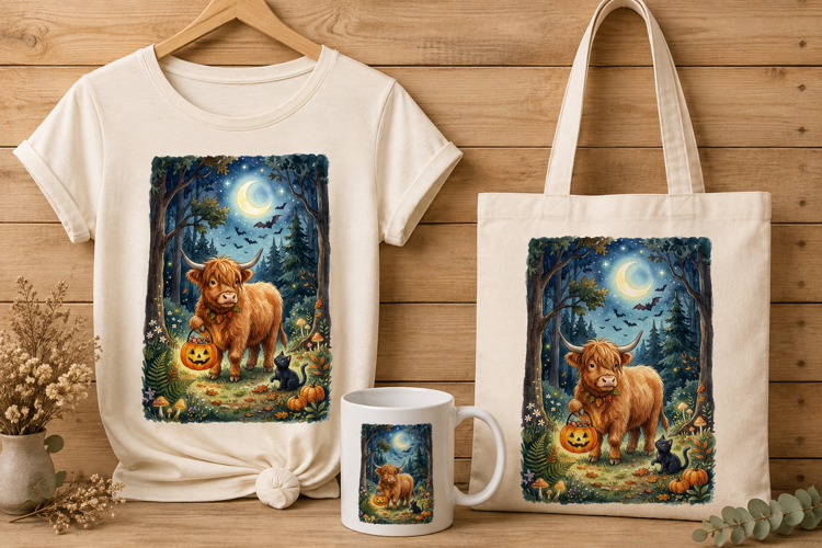 Highland Cow Halloween Jack-o-Lantern Watercolor Art PNG