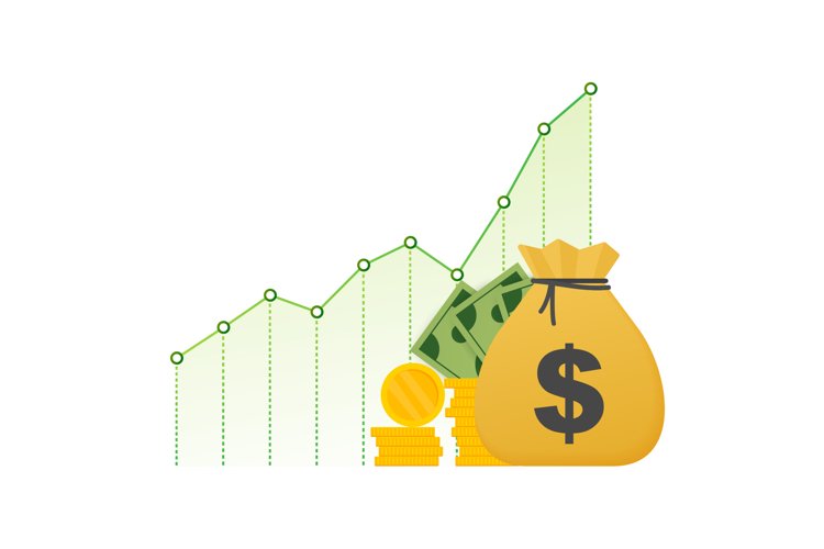 Profit money or budget. Cash and rising graph arrow up, conc example image 1
