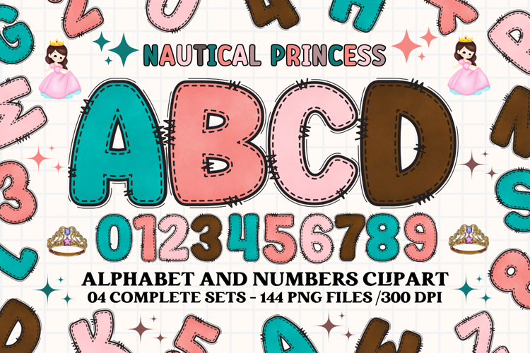 Nautical Princess png alphabet, princess letters doodle