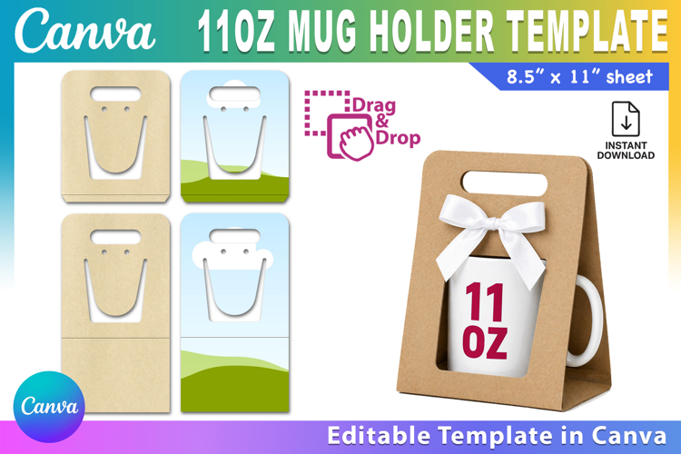 Canva 11oz Mug Holder Template, Mug Gift Box Carrier SVG PNG
