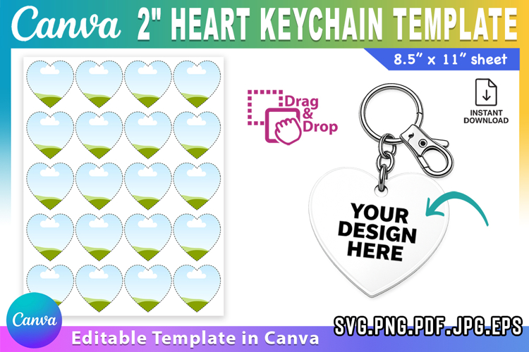 2" Heart Keychain Template Canva Editable Sublimation Keycha