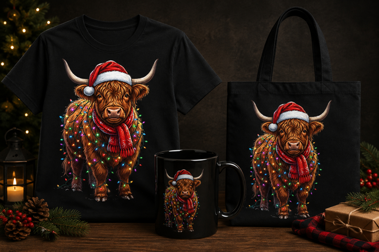 Christmas Highland Cow PNG with Santa Hat & Holiday Lights