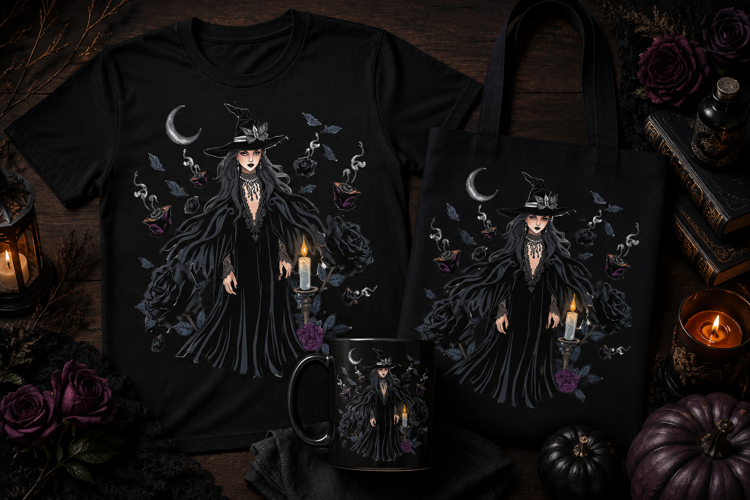Gothic Witch PNG | Black Roses & Candle Halloween Clipart