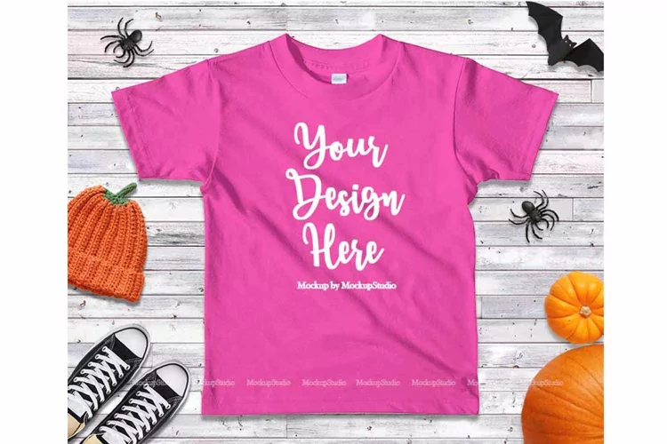 Halloween Fall Fuchsia Kids Shirt Mockup Teen Flat Lay