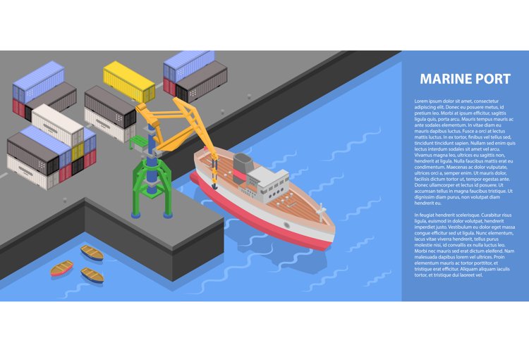 Marine port concept banner, isometric style