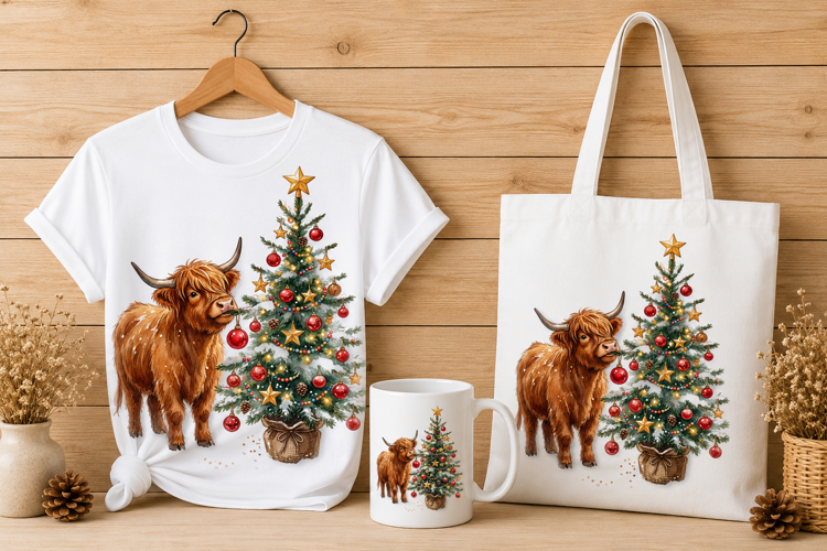 Highland Cow Decorating Christmas Tree Watercolor Art Print
