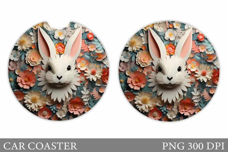 Bunny Car Coaster Sublimation. Bunny Flowers Car Coaster