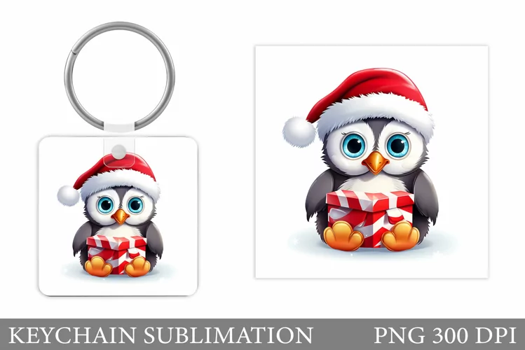 Christmas Penguin Keychain. Cute Penguin Square Keychain