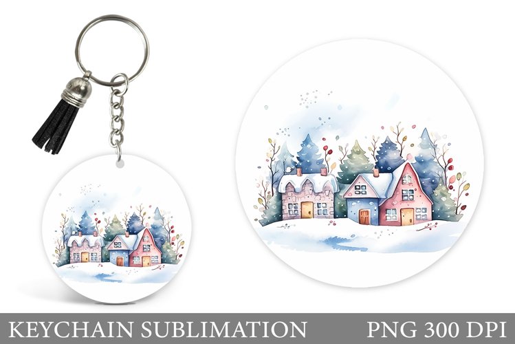 Winter Round Keychain. Winter Houses Keychain Sublimation example image 1