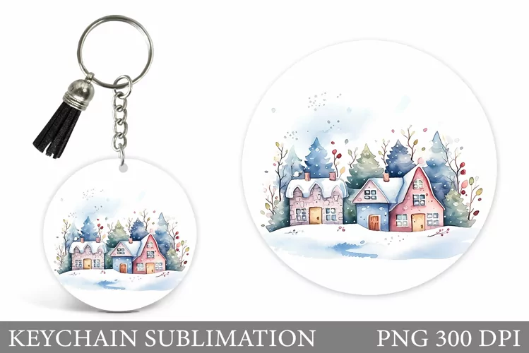 Winter Round Keychain. Winter Houses Keychain Sublimation