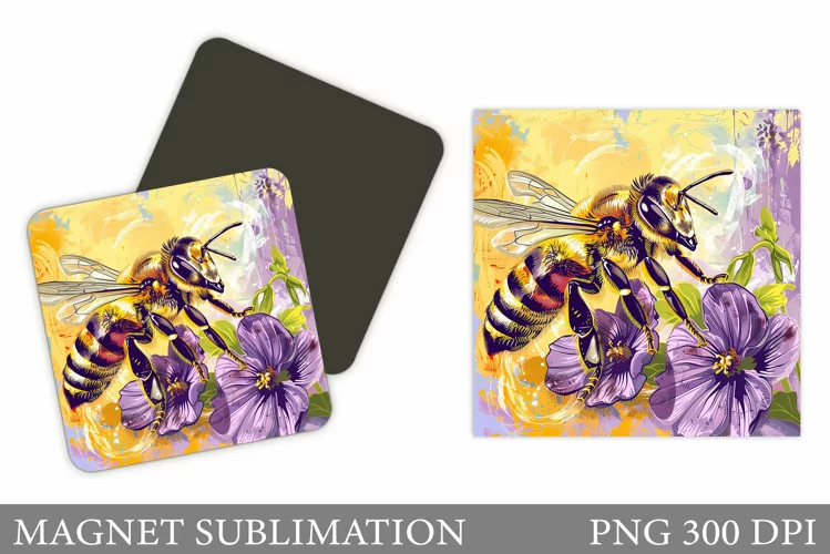 Bee Magnet Sublimation. Flowers Square Magnet Design