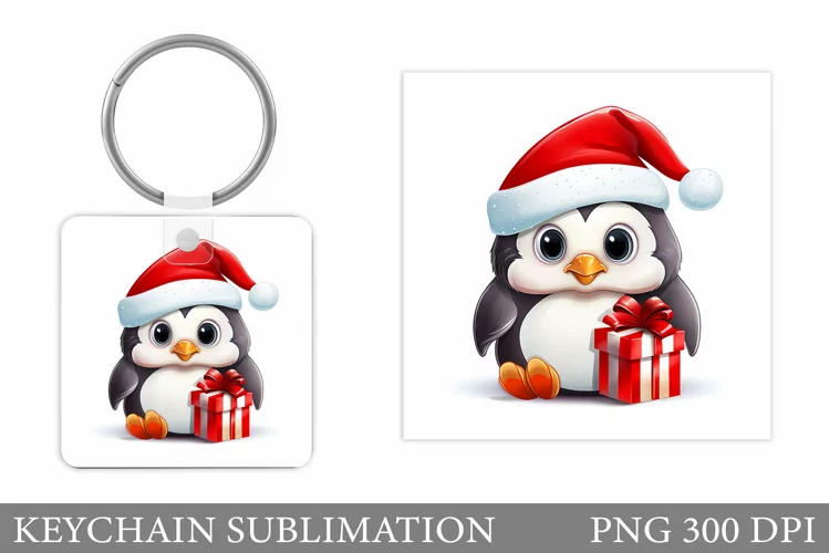 Christmas Penguin Keychain. Winter Penguin Square Keychain