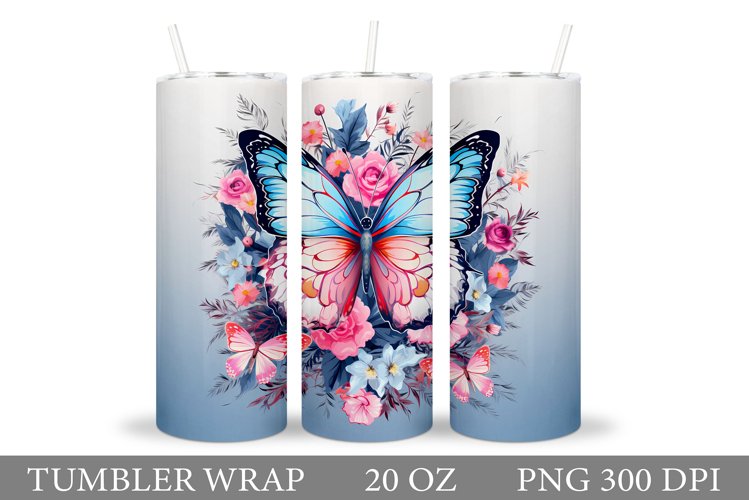 Butterfly Tumbler Sublimation. Flowers Tumbler Wrap Design