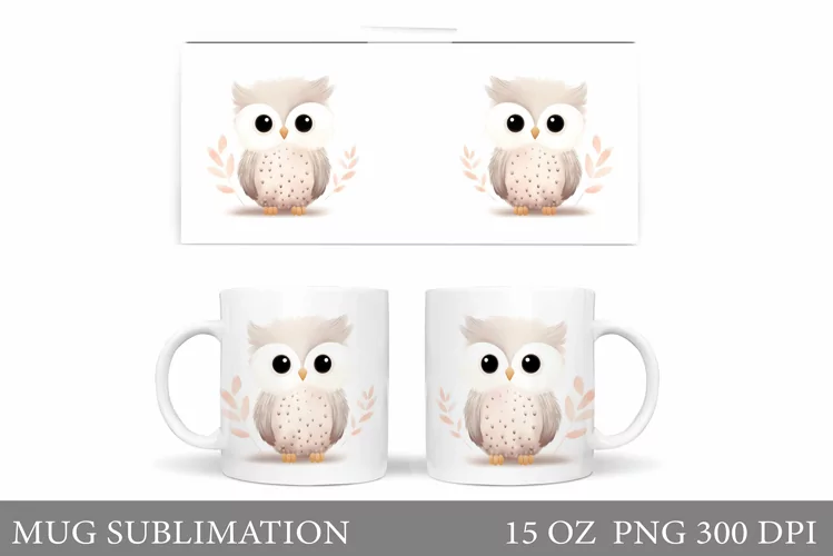 Cute Owl Mug Sublimation. Owl Flowers Mug Wrap Design