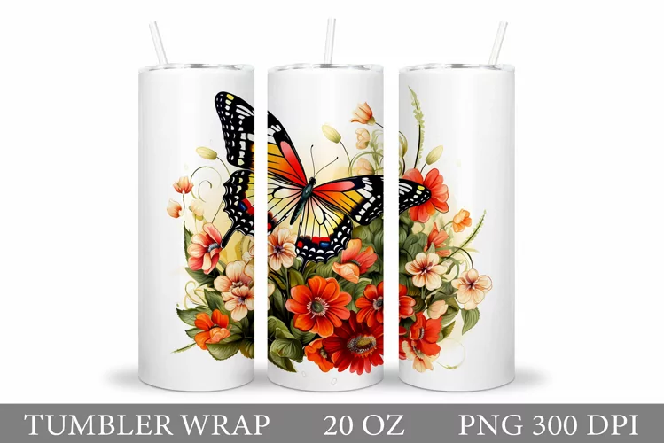 Butterfly Tumbler Sublimation. Flowers Tumbler Wrap Design