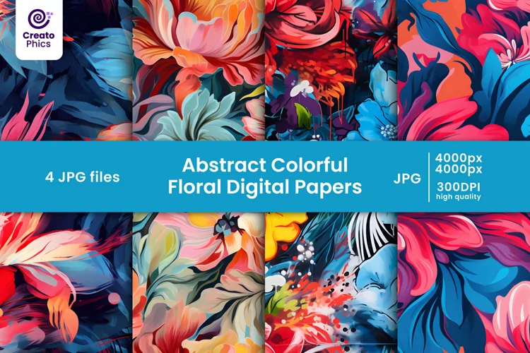 Abstract colorful floral digital papers and flower patterns