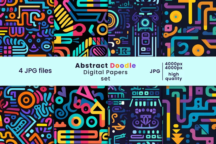 Abstract doodle digital papers and colorful patterns