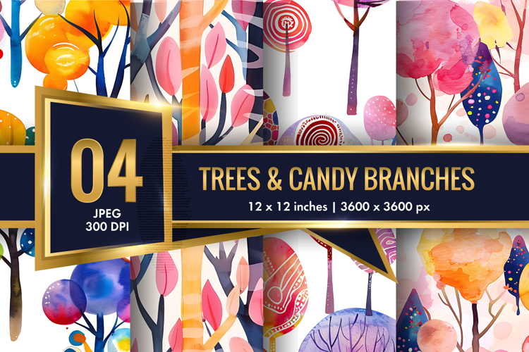 Trees with Candy Branches Surreal Watercolor Seamless DP