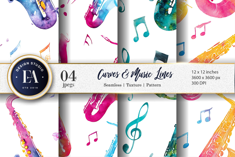 Saxophone Curves Watercolor Music Pattern Digital Paper