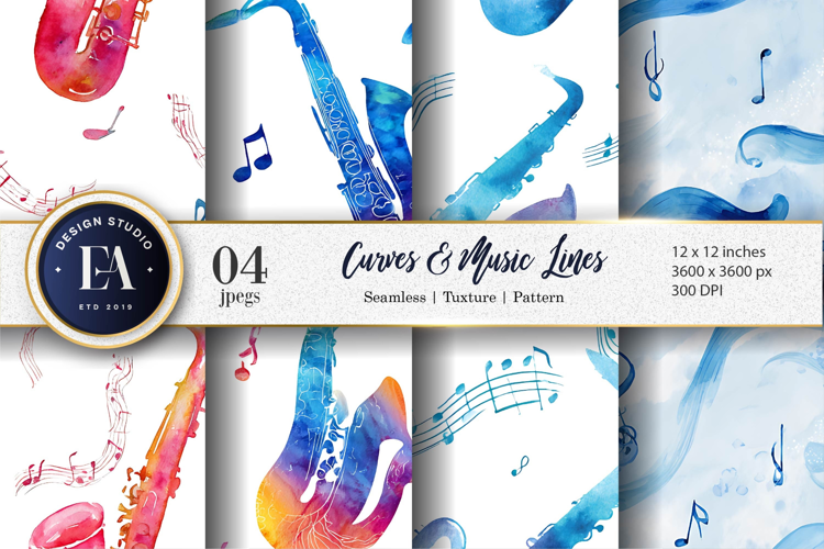 Watercolor Saxophone Curves and Music Lines Digital Paper