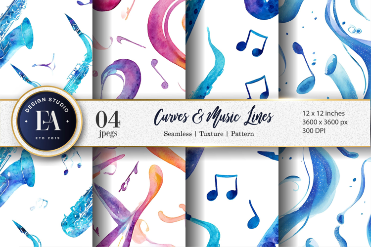 Saxophone Curves Watercolor Music Pattern Digital Paper