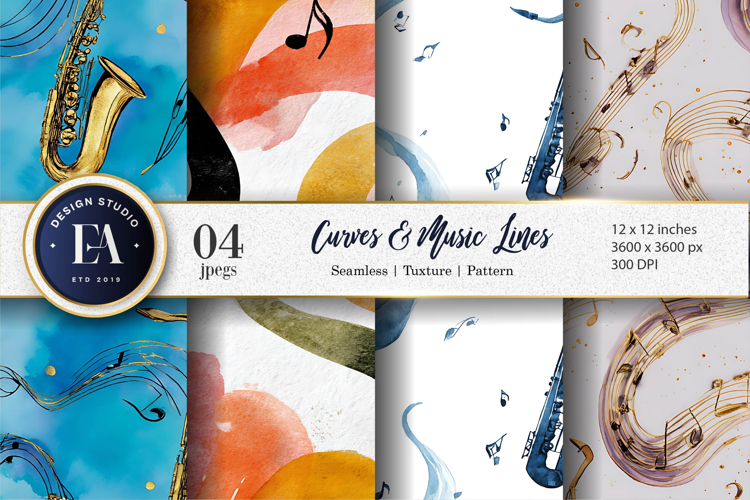 Watercolor Saxophone Curves and Music Lines Digital Paper