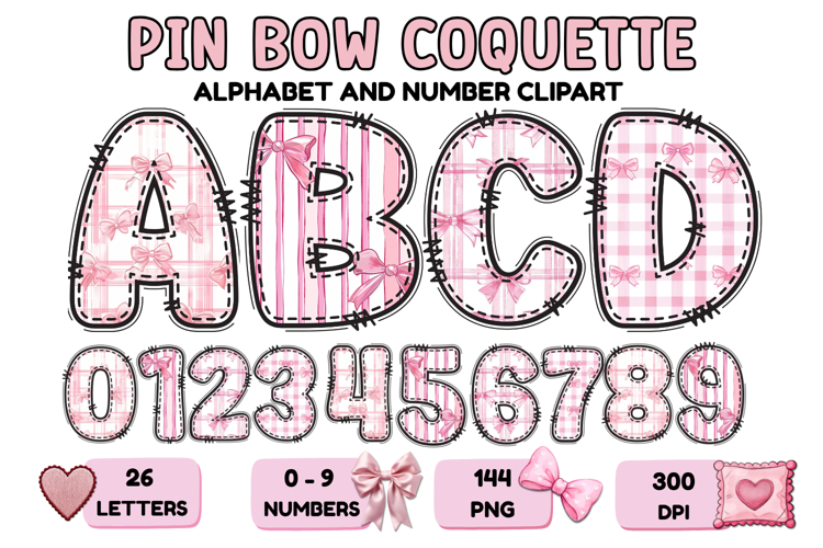 Coquette Bow Patchwork Alphabet PNG Letters & Numbers 300DPI