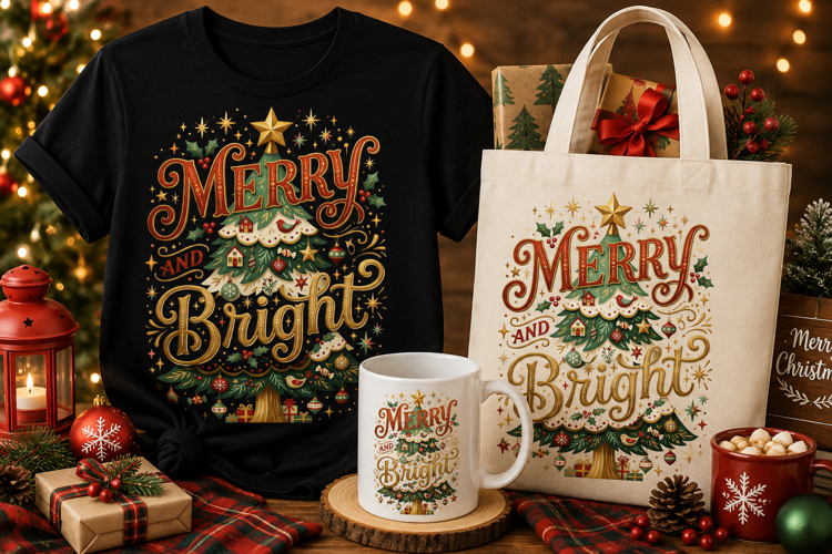 Merry and Bright PNG | Vintage Christmas Tree Typography